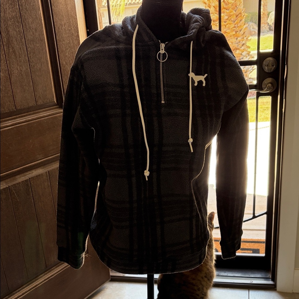 PINK Victoria's Secret Black Plaid Zip-Up Sweater OVERSIZED